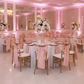 Taffeta Chair Sash/Tie - Blush/Rose Gold on gold chiavari chair for wedding reception with white tablecloth and gold charger plate