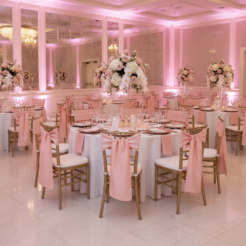 Taffeta Chair Sash/Tie - Blush/Rose Gold on gold chiavari chair for wedding reception with white tablecloth and gold charger plate