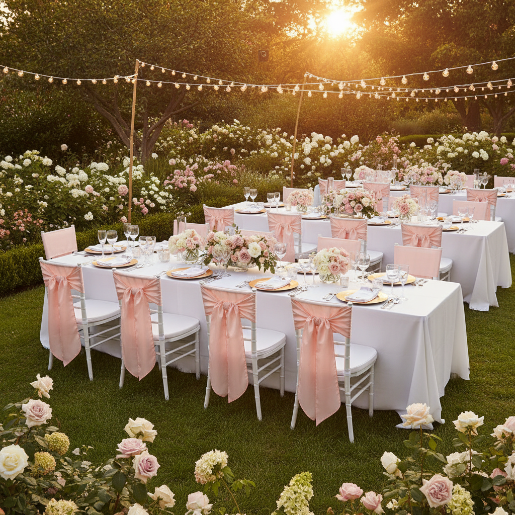 Taffeta Chair Sash/Tie - Blush/Rose Gold outdoor garden reception with white chiavari and tablecloth