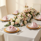 Taffeta Napkin 20"x20" - Pastel Pink on white dinner plate | gold charger plate | white tablecloth | flower premade table runner 