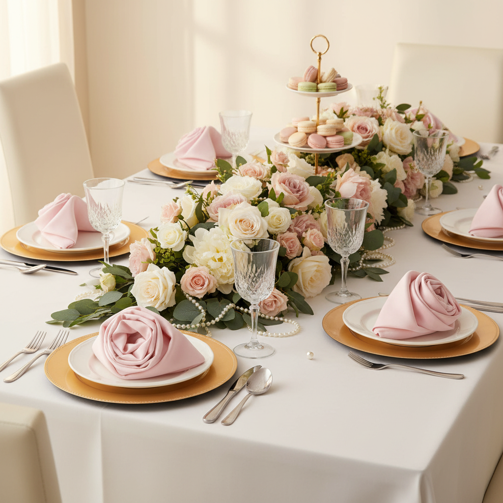 Taffeta Napkin 20"x20" - Pastel Pink on white dinner plate | gold charger plate | white tablecloth | flower premade table runner 