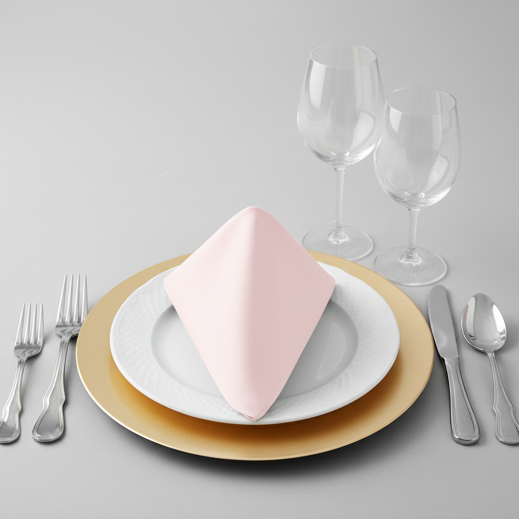 Taffeta Napkin 20"x20" - Pastel Pink on white dinner plate | gold charger plate | wine goblets