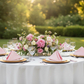 Taffeta Napkin 20"x20" - Pastel Pink on white dinner plate | gold charger plate | wine goblets | white tablecloth 