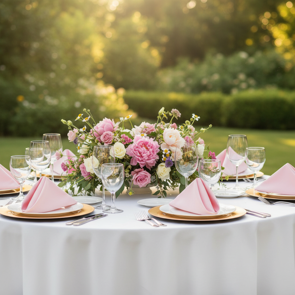 Taffeta Napkin 20"x20" - Pastel Pink on white dinner plate | gold charger plate | wine goblets | white tablecloth 