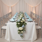 Taffeta Napkin 20"x20" - Baby Blue on top of white dinner plate | silver charger plate | flower premade runner | silver chiavari chair | ivory tablecloth