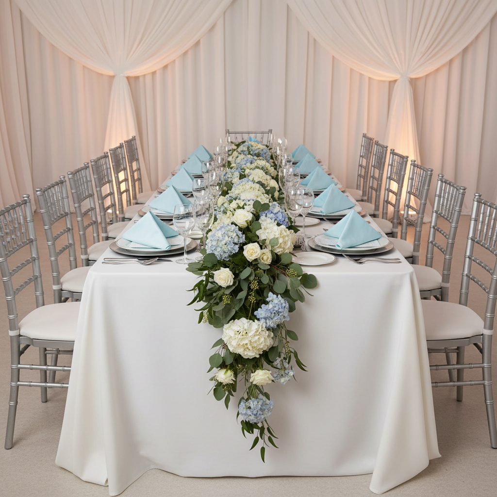Taffeta Napkin 20"x20" - Baby Blue on top of white dinner plate | silver charger plate | flower premade runner | silver chiavari chair | ivory tablecloth