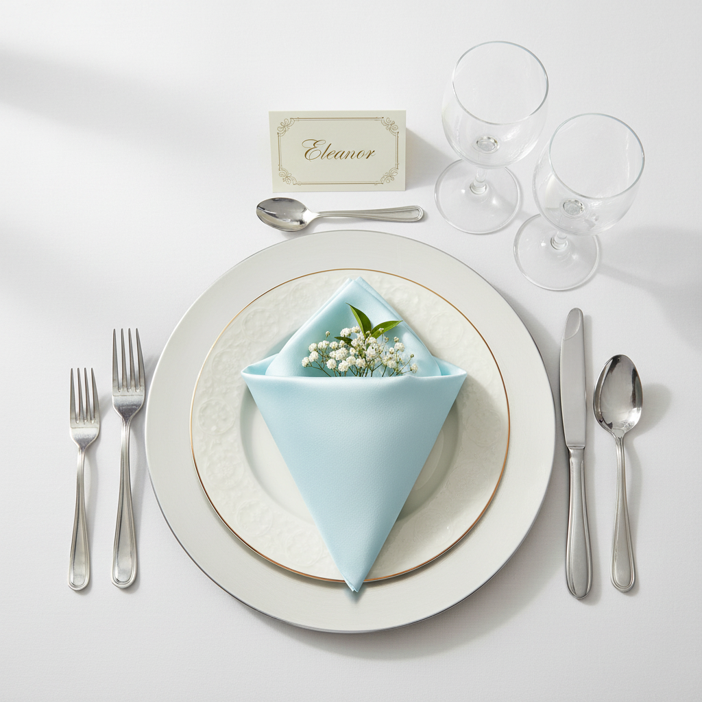 Taffeta Napkin 20"x20" - Baby Blue
 on top of white dinner and charger plate