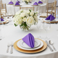 Taffeta Napkin 20"x20" - Purple | gold charger plate | white tablecloth |