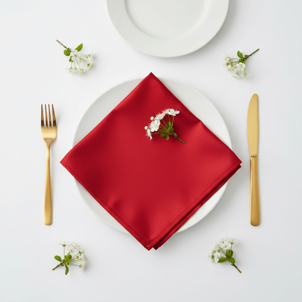 Taffeta Napkin 20"x20" - Red with white dinner plate | white tablecloth | flower centerpiece