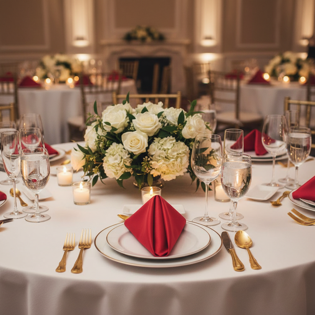 Taffeta Napkin 20"x20" - Red with white/gold trimmed charger plate | white tablecloth | wine goblets | flower centerpiece