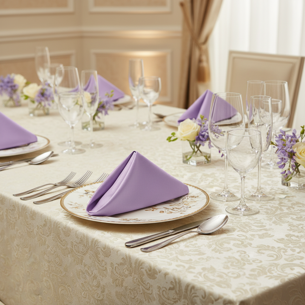 Taffeta Napkin 20"x20" - Victorian Lilac/Wisteria on top of charger plate for indoor elegant dinner