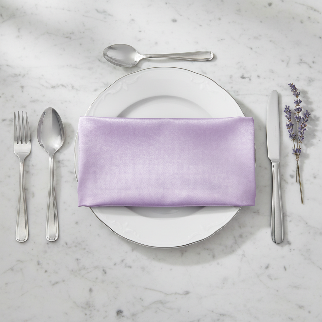 Taffeta Napkin 20"x20" - Victorian Lilac/Wisteria on top of charger plate for indoor elegant dinner