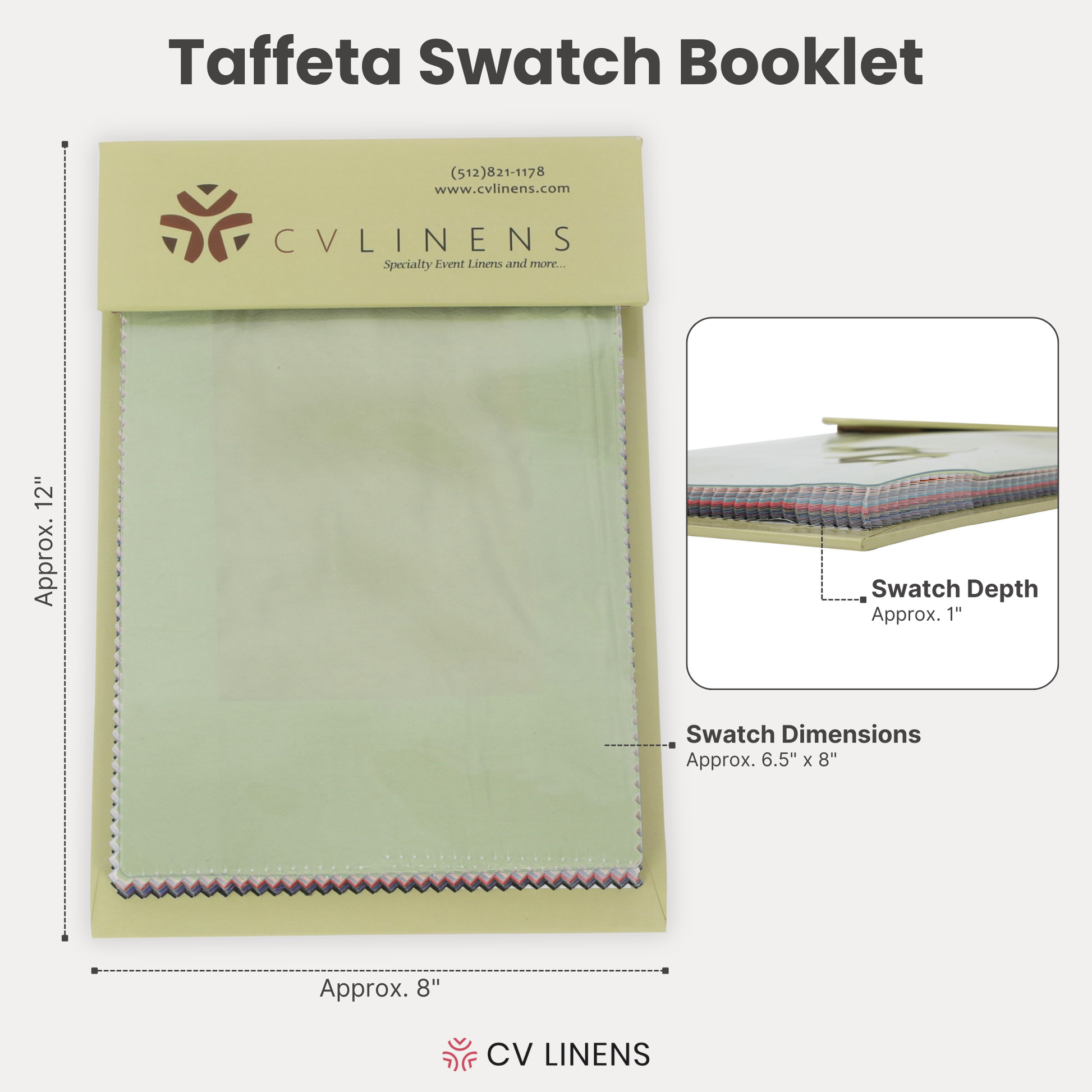 Taffeta Swatch Booklet infographic showing dimension of 10.25" x 7" 