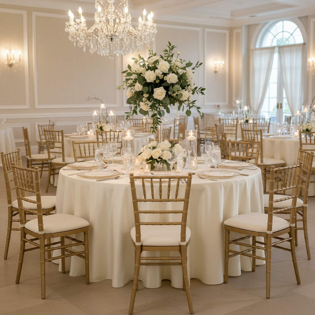 wedding reception with Taffeta Tablecloth 120" Round - Ivory