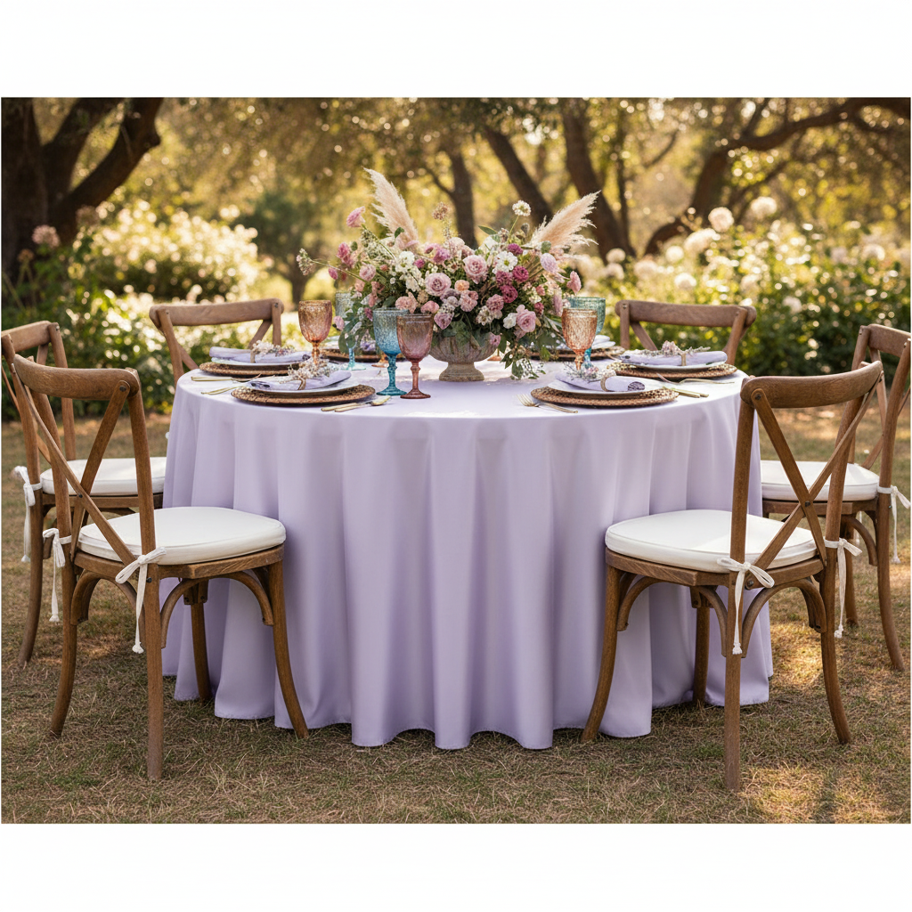 Taffeta Tablecloth 120" Round - Lavender with white dinner plate | white napkin | wine goblet | rattan charger plate
