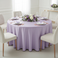 Taffeta Tablecloth 120" Round - Lavender with white dinner plate | white napkin | wine goblet