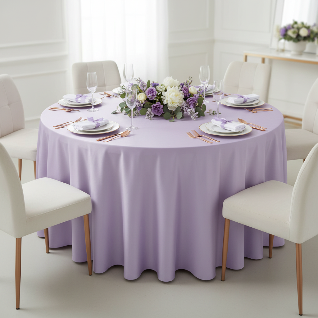Taffeta Tablecloth 120" Round - Lavender with white dinner plate | white napkin | wine goblet