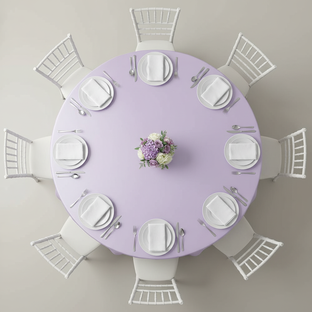 Taffeta Tablecloth 120" Round - Lavender with white dinner plate | white napkin | wine goblet |