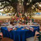 bohemian setup using Taffeta Tablecloth 120" Round - Navy Blue
