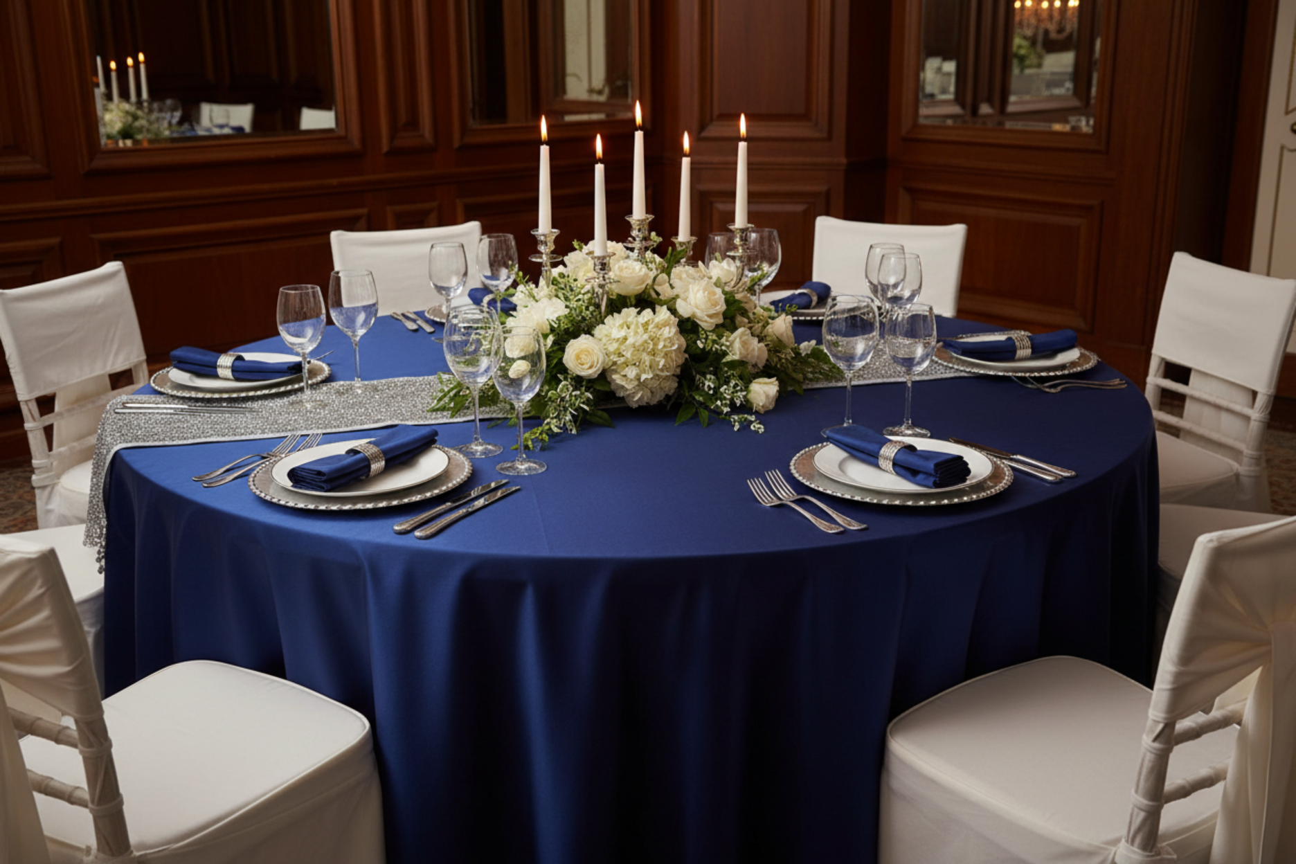 formal indoor dinner setup using Taffeta-Tablecloth-120"-Round-Navy-Blue
