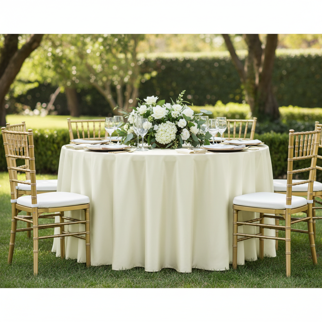 Taffeta Tablecloth 132" Round - Ivory with gold charger plate | white dinner plate | white napkin | gold chiavari chair | flower centerpiece