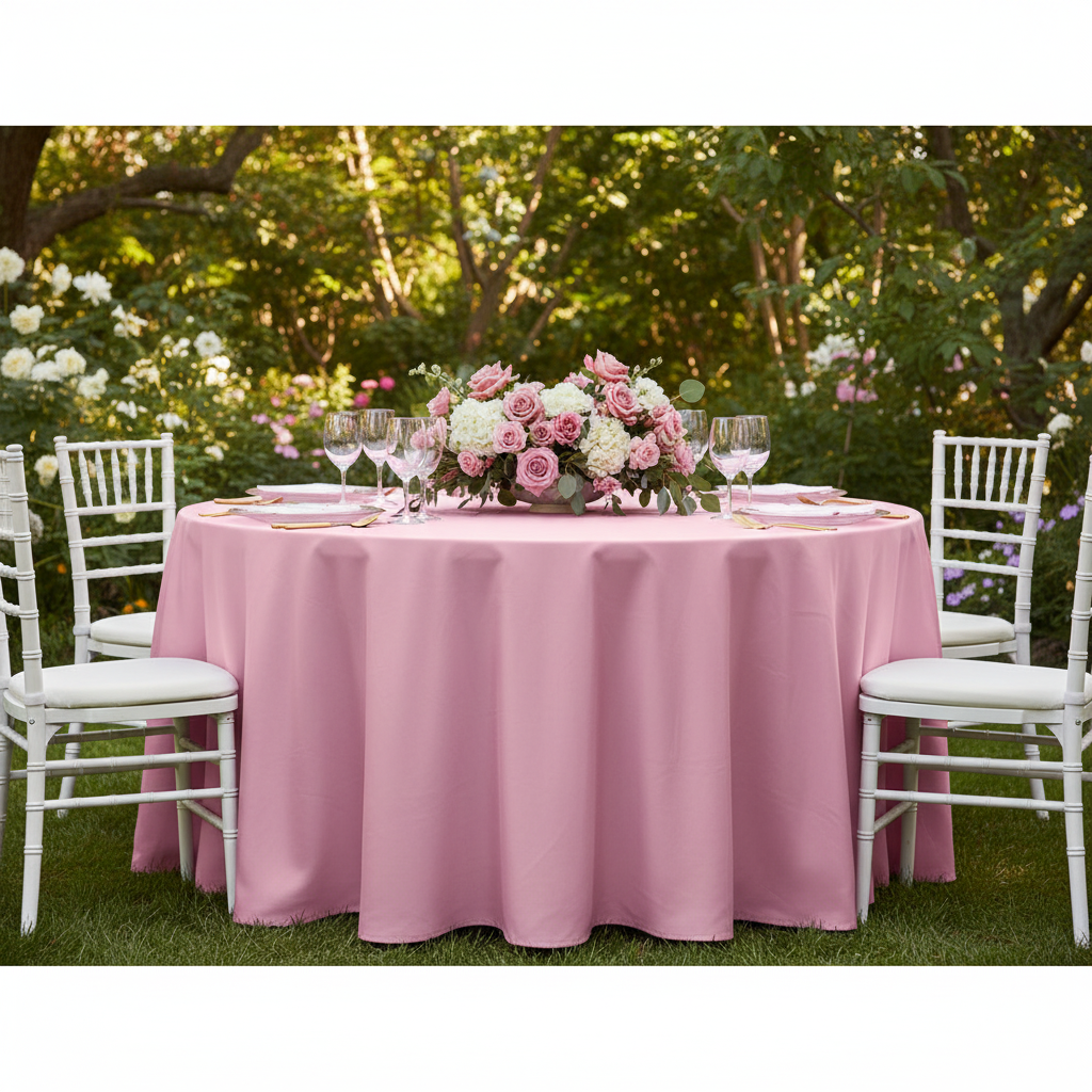 Taffeta Tablecloth 132" Round - Pink | charger plate | wine goblets | flower centerpiece |