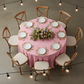 Taffeta Tablecloth 132" Round - Pink | charger plate | wine goblets | flower centerpiece |