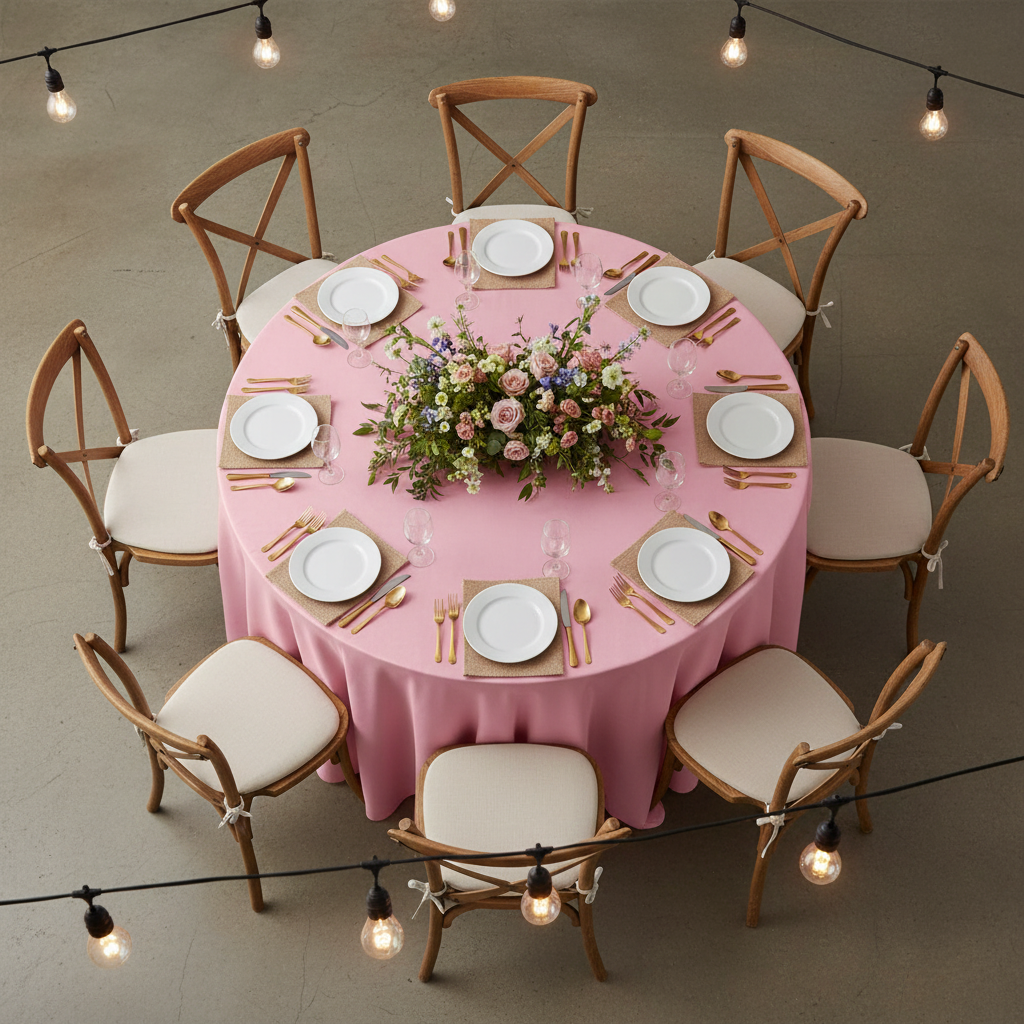 Taffeta Tablecloth 132" Round - Pink | charger plate | wine goblets | flower centerpiece |