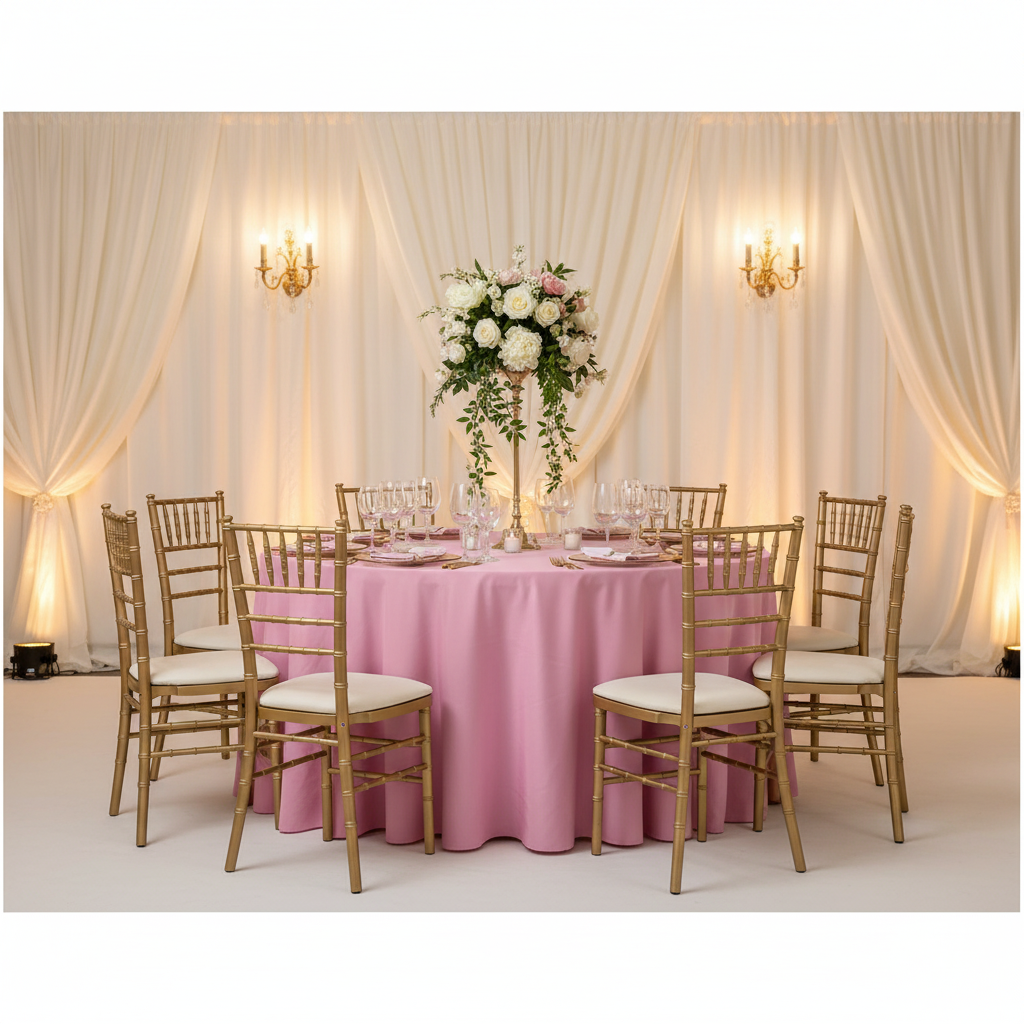 Taffeta Tablecloth 132" Round - Pink | charger plate | wine goblets | flower centerpiece |