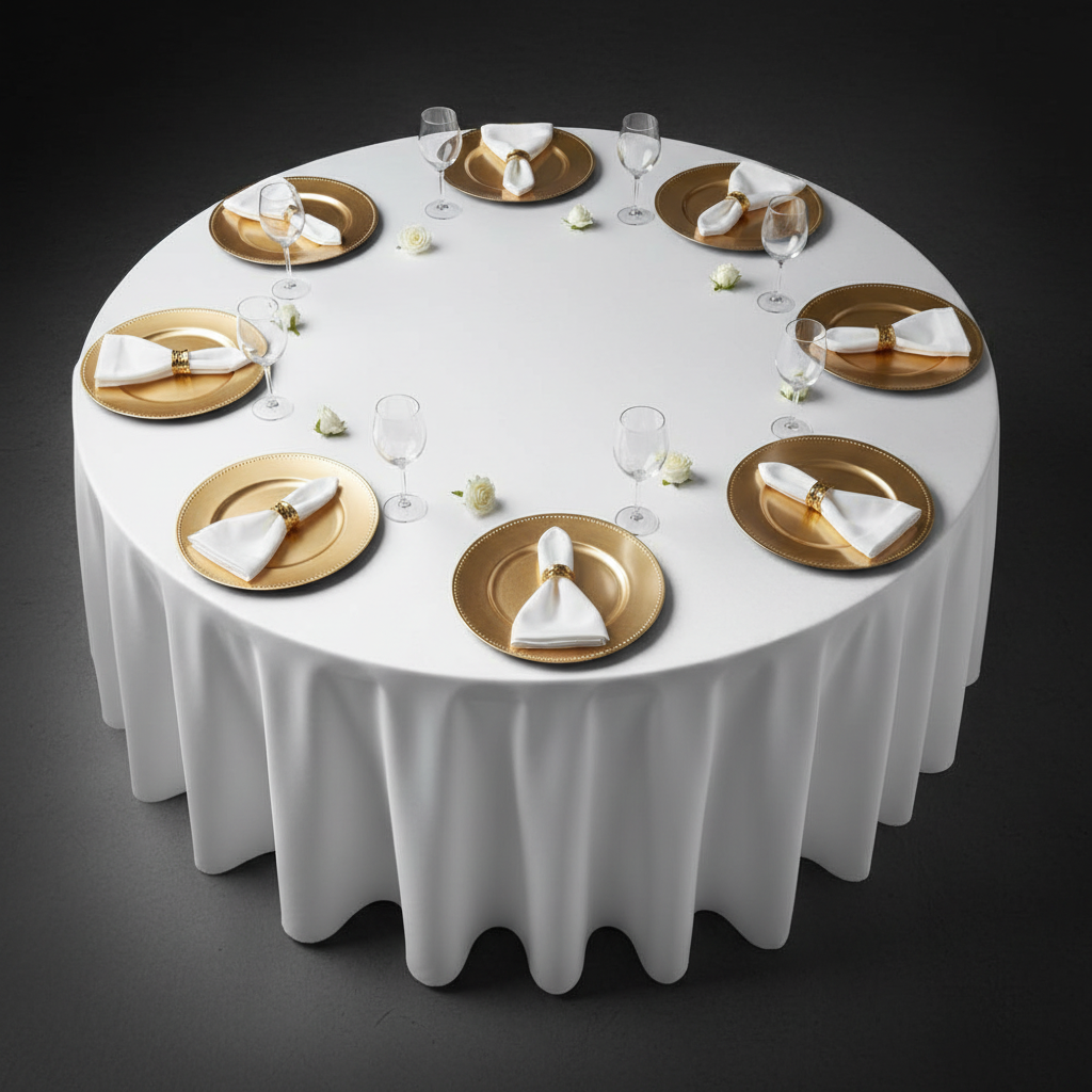 Taffeta Tablecloth 132" Round - White | charger plate | wine goblet | napkin |