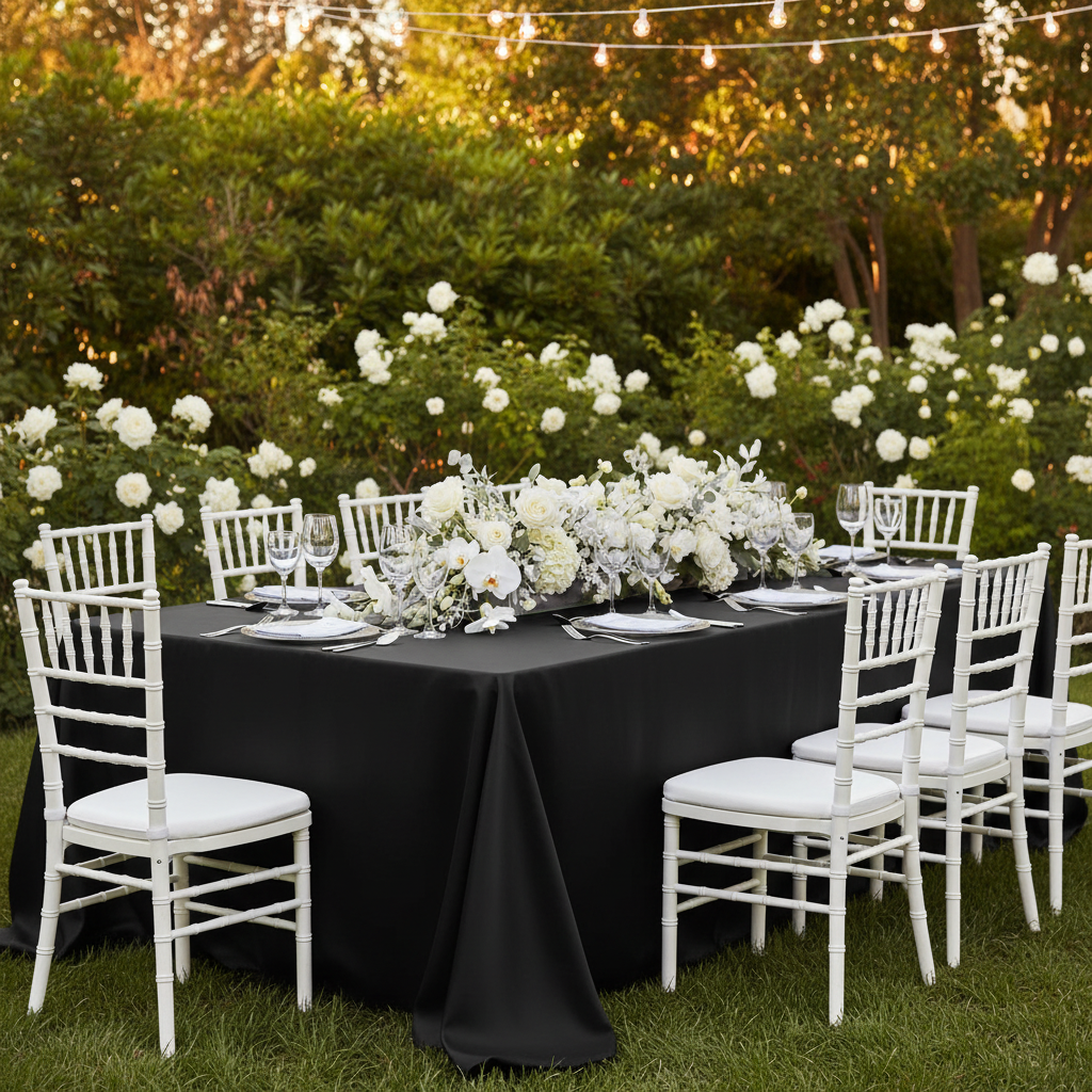 Taffeta Tablecloth 90"x156" Rectangular - Black | charger plate | napkin | flower premade runner |