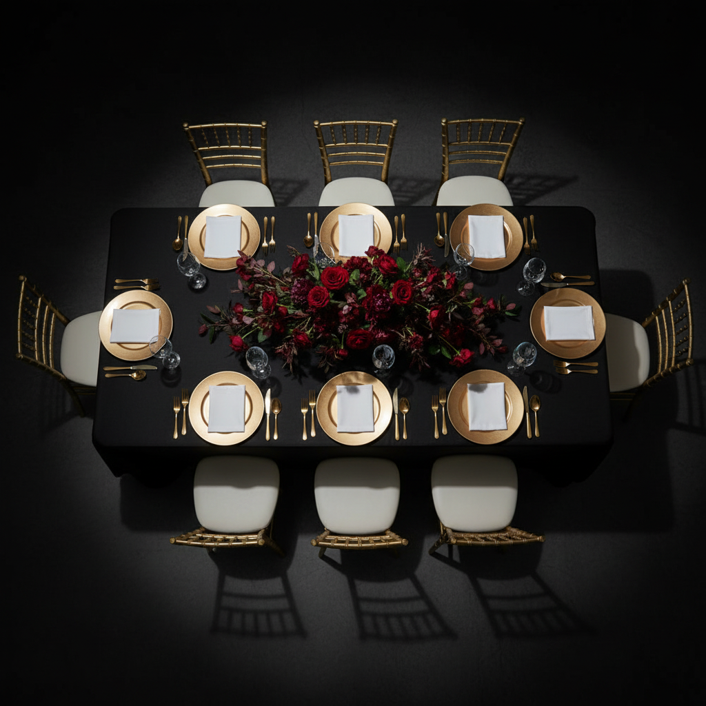 Taffeta Tablecloth 90"x156" Rectangular - Black | charger plate | napkin | wine goblet | flower premade runner |