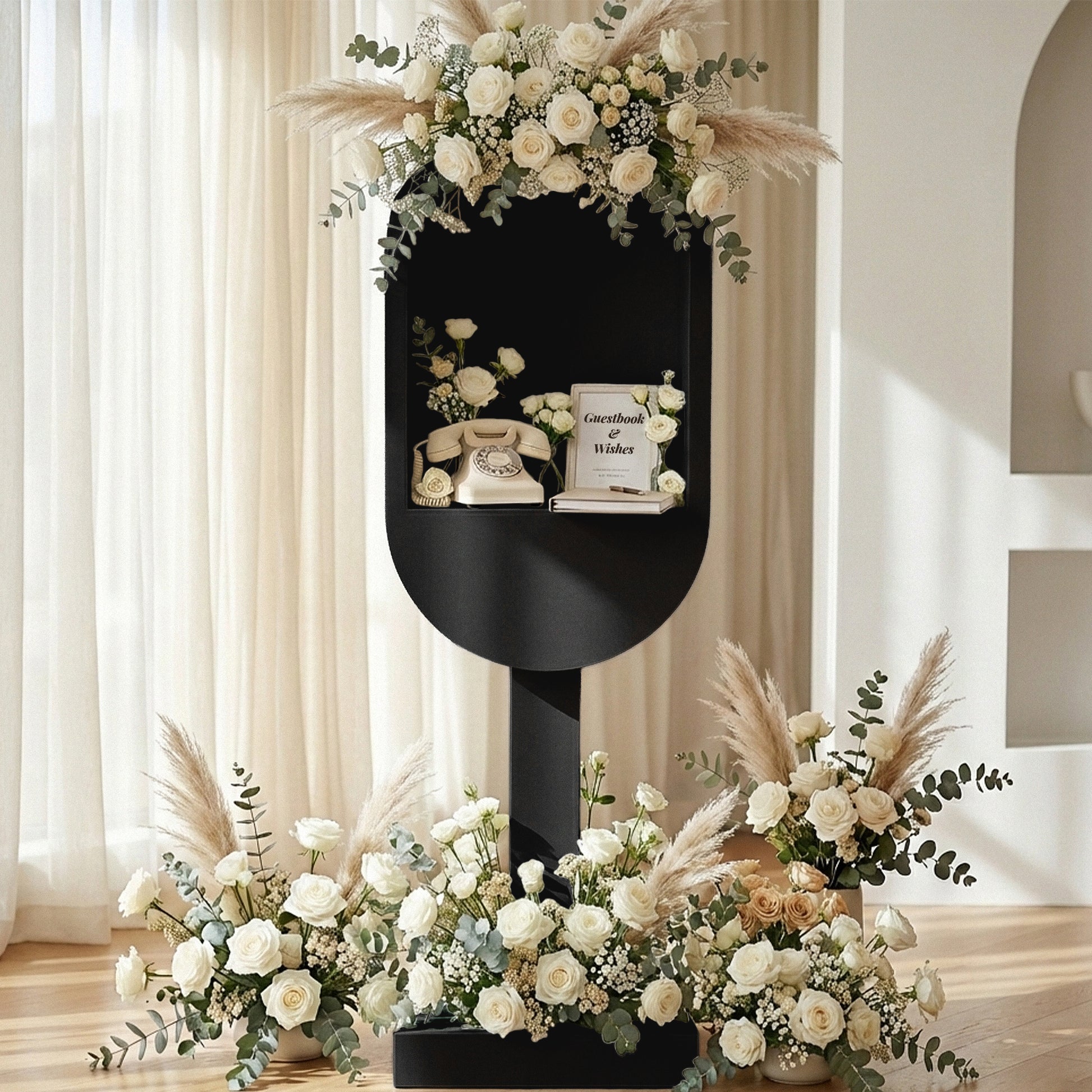 Telephone/Guestbook Booth Prop Display Stand Black with mixed florals, telephone, and guestbook