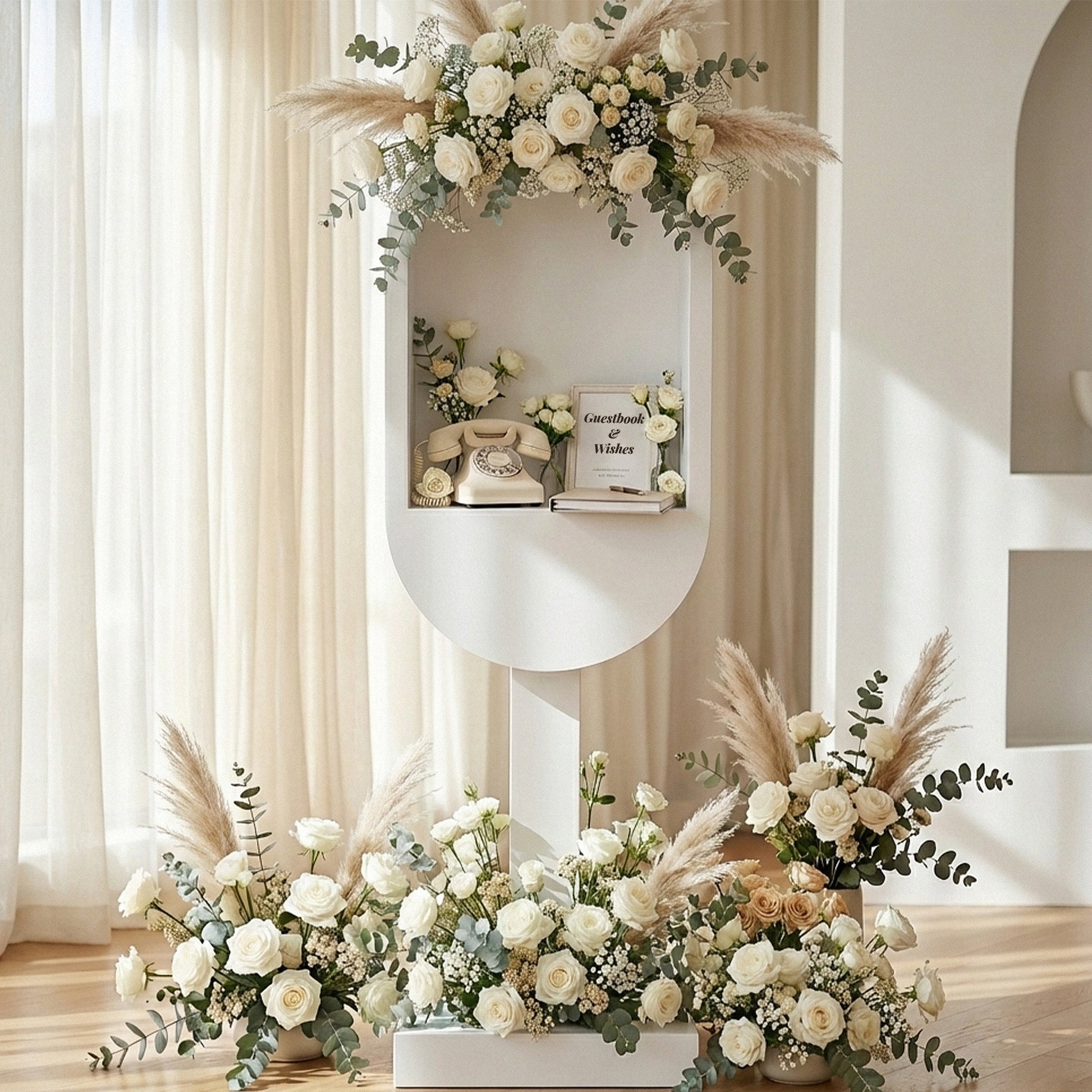 Telephone Guestbook Booth Prop Display Stand White with mixed florals, telephone and guestbook