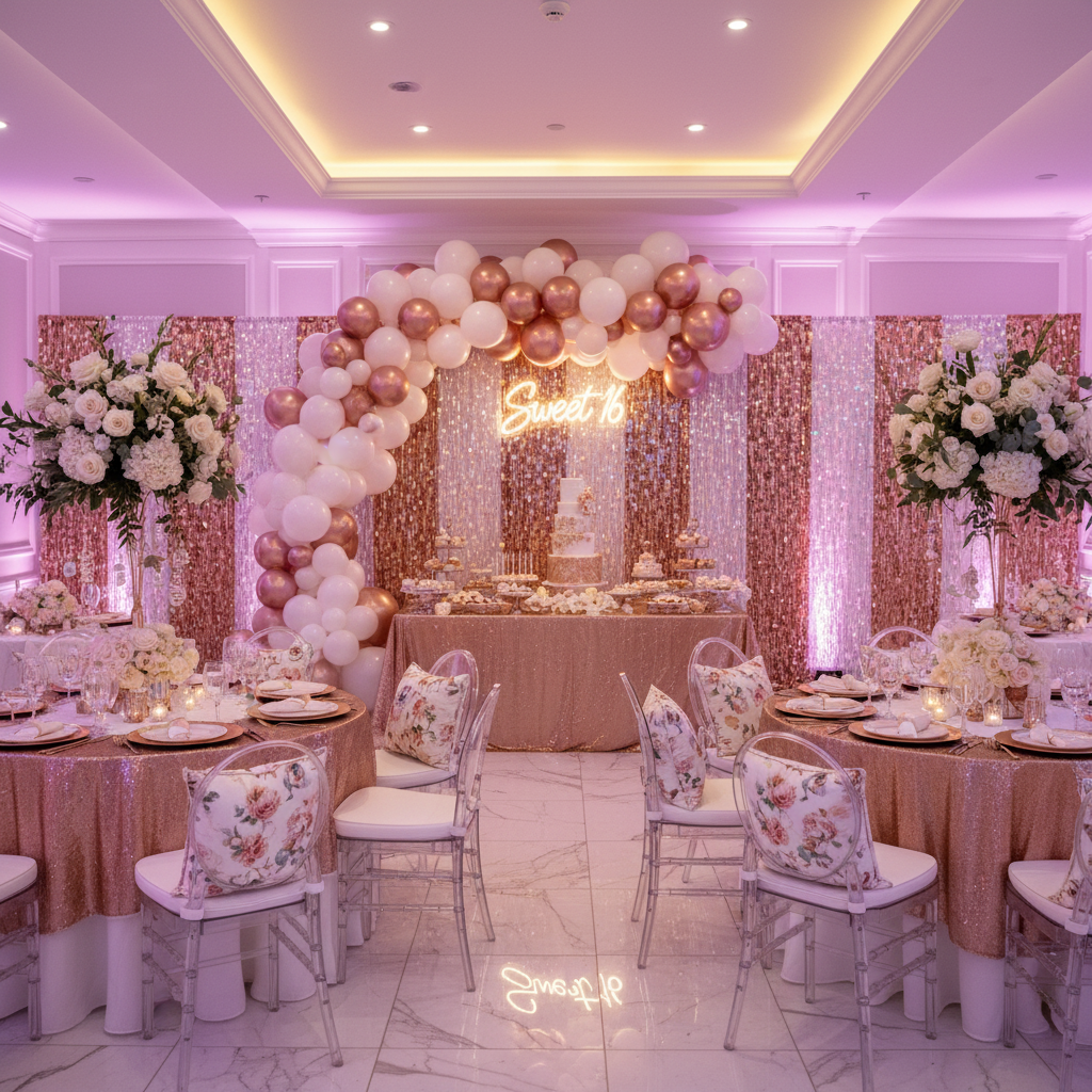 Telescopic Slip-fit Upright 6ft to 14ft with slip lock collar with blush and white glitz sequin drapes for sweet 16 celebration