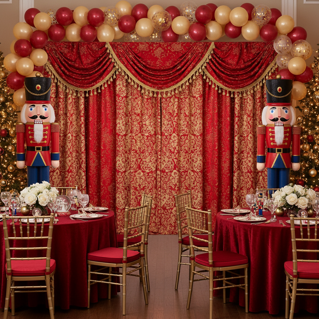 Telescopic Slip-fit Upright 7ft to 17ft with slip lock collar with red and gold drapes for christmas setup