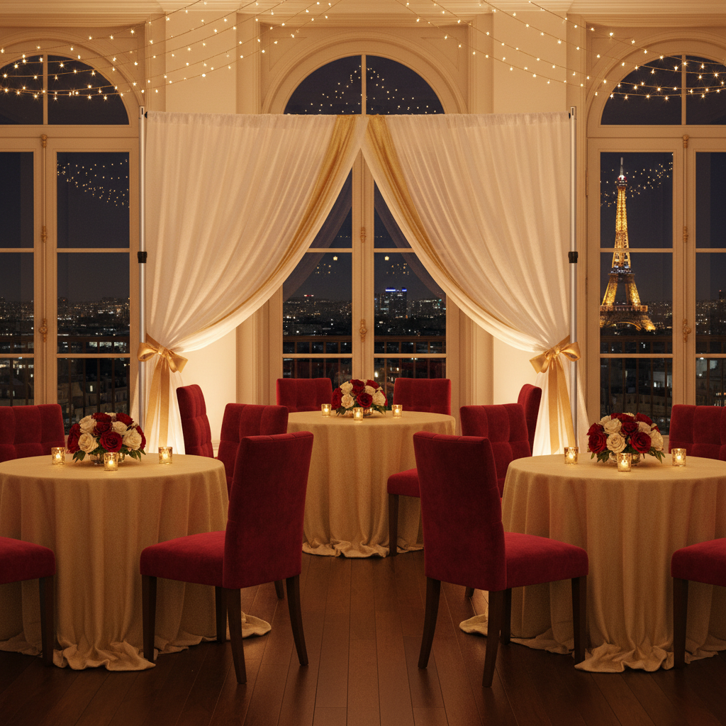 Telescopic Slip-fit Upright 7ft to 17ft with slip lock collar with white chiffon drape for anniversary setup