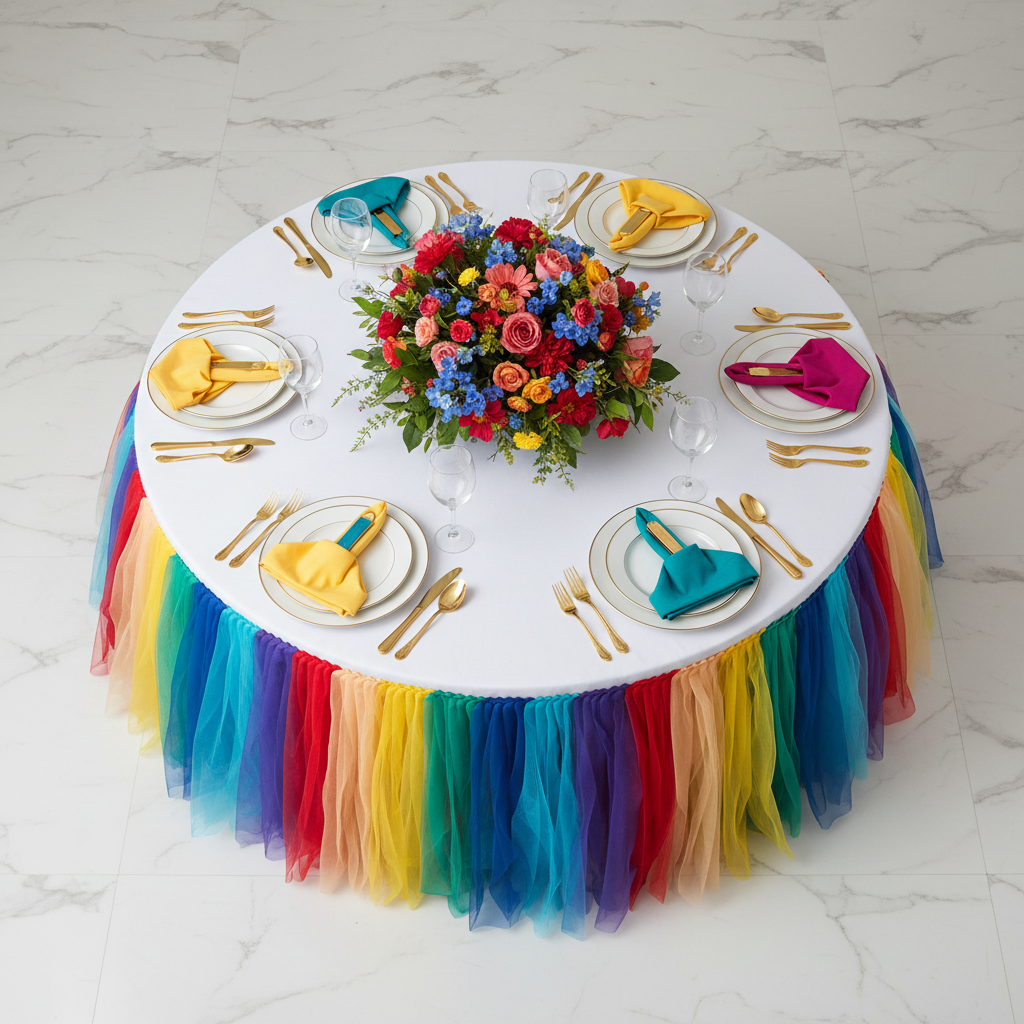 Tulle Tutu 17ft Table Skirt - Rainbow