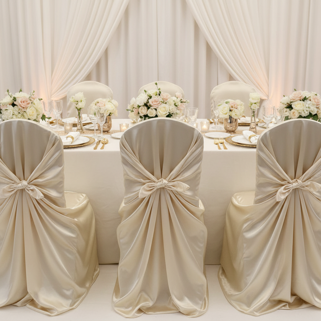 Universal Satin Self Tie Chair Cover - Champagne for birthday reception with gold charger plate | glass goblets | flower center pieces