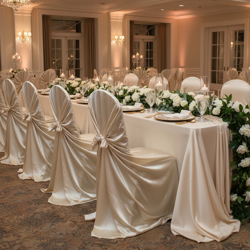 Universal Satin Self Tie Chair Cover - Champagne on a wedding reception with ivory tablecloth | gold trimmed charger plates | premade floral table runner
