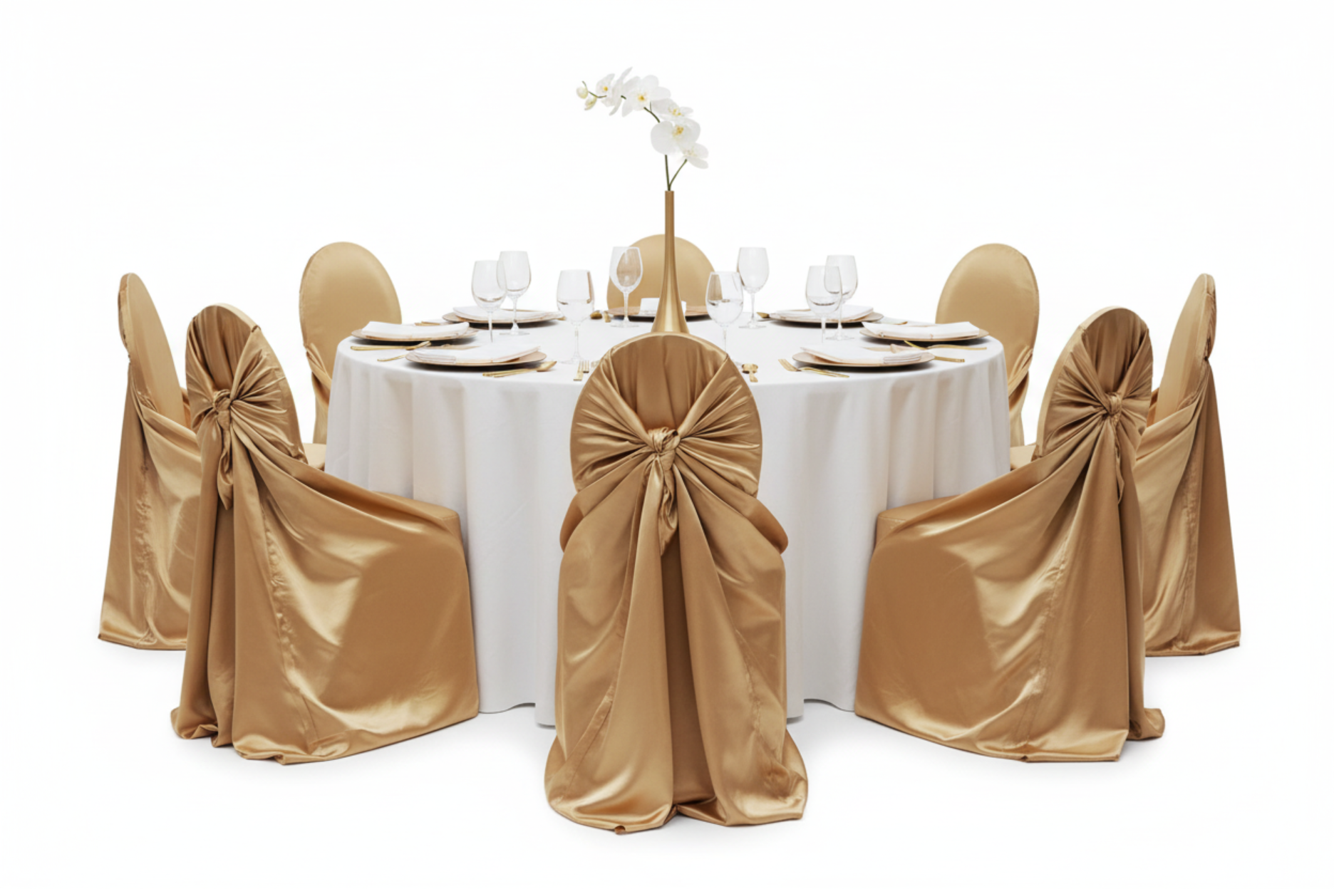 front view showing Universal Satin Self Tie Chair Cover - Gold Antique
