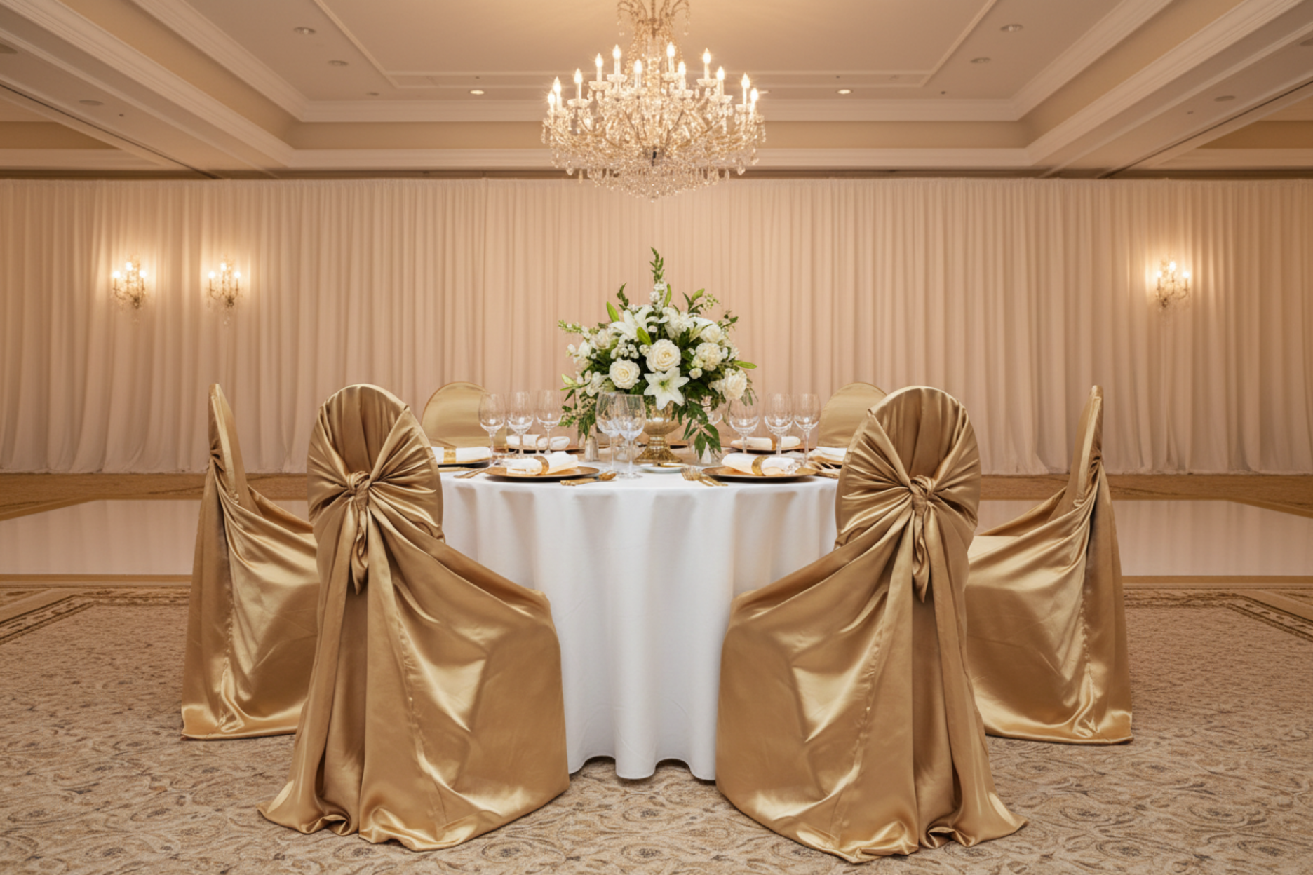 ballroom gala showing Universal Satin Self Tie Chair Cover - Gold Antique
