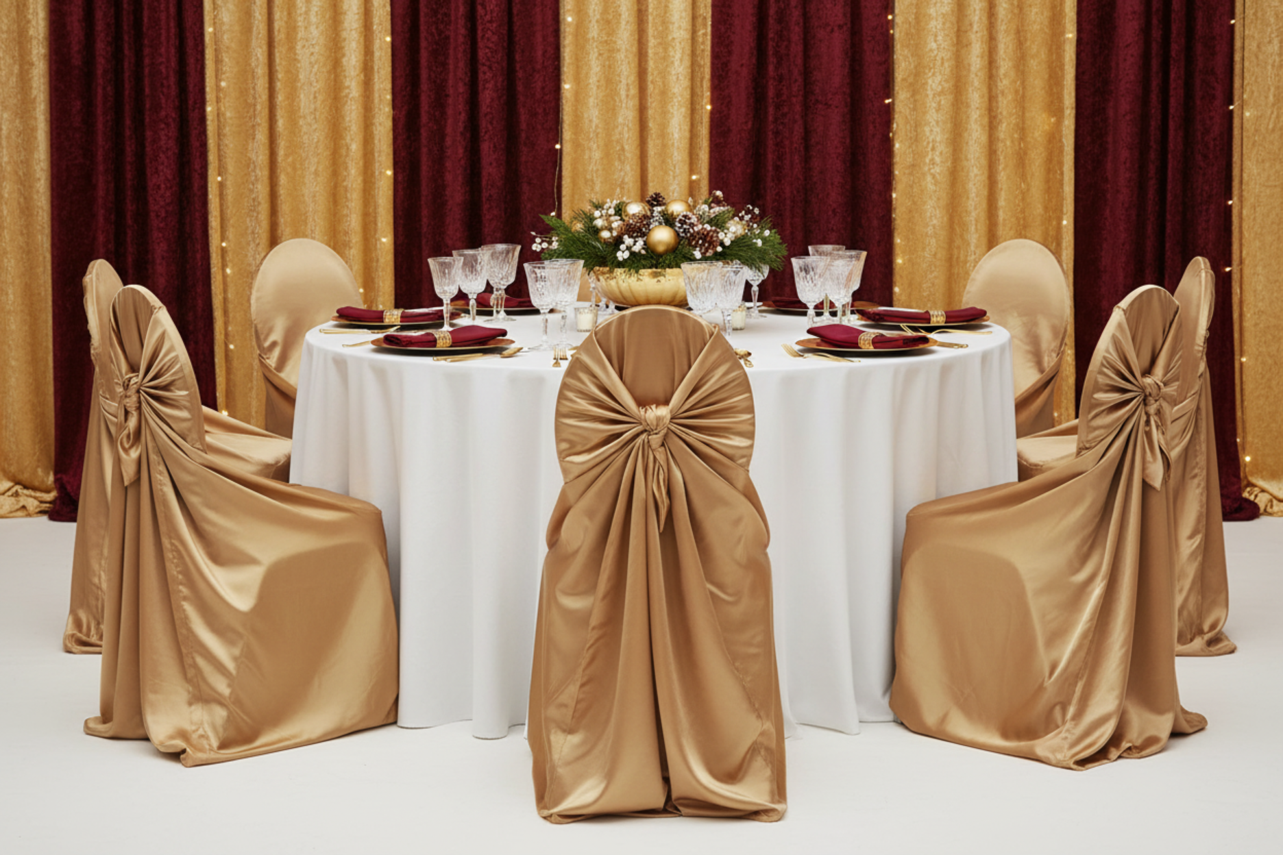 winter holiday setup using Universal Satin Self Tie Chair Cover - Gold Antique
