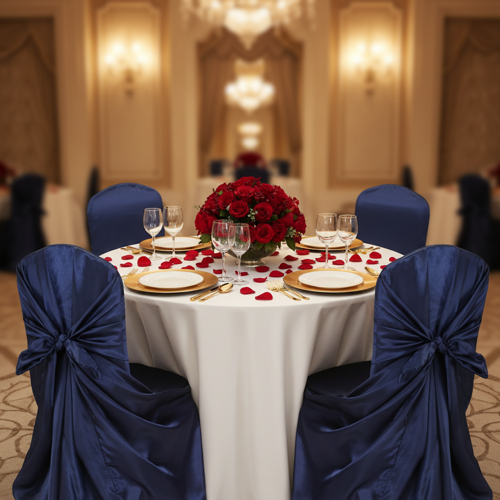 Universal Satin Self Tie Chair Cover - Navy Blue with ivory tablecloth | gold charger plate | white dinner plate | wine goblets