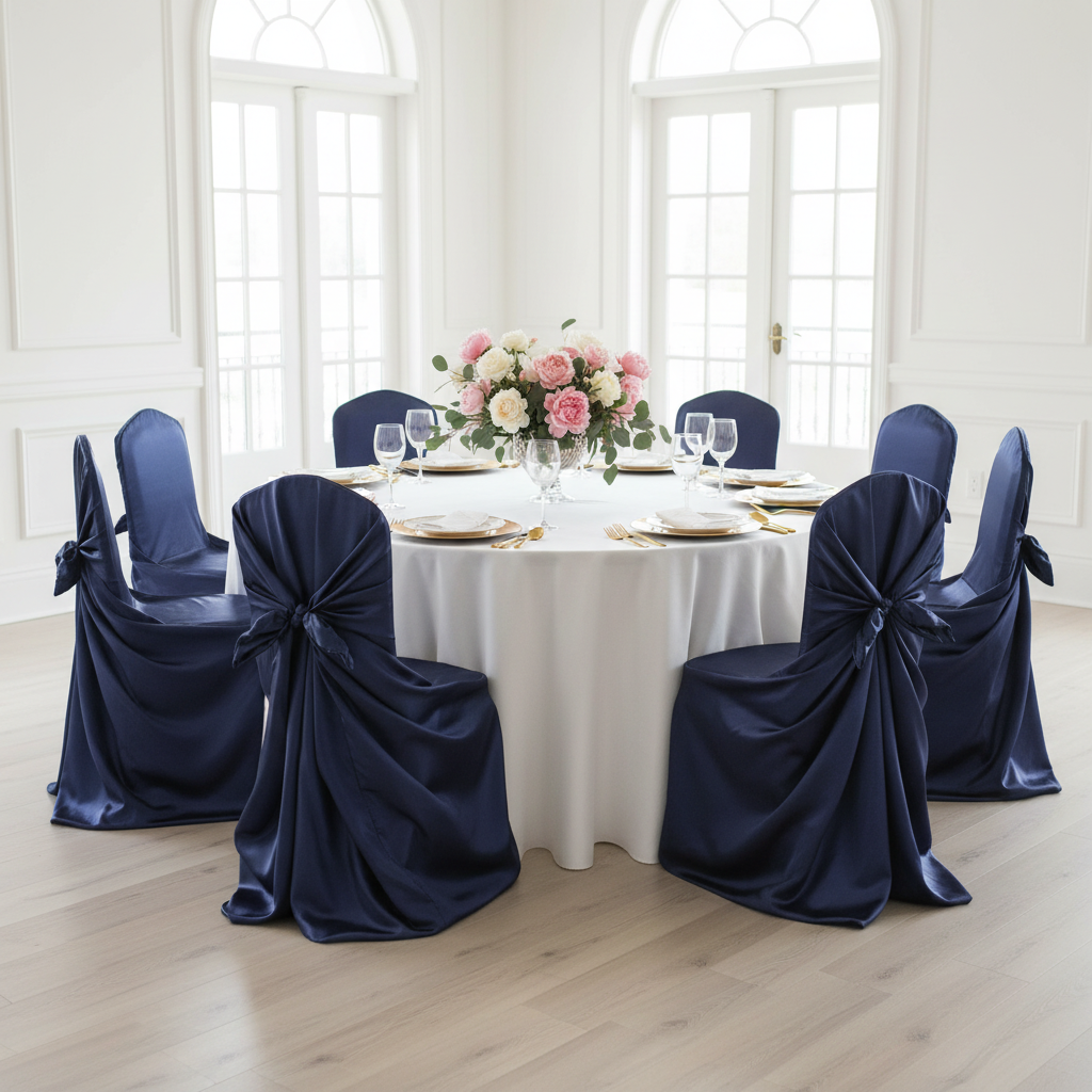 Universal Satin Self Tie Chair Cover - Navy Blue with ivory tablecloth | gold charger plate | white dinner plate | wine goblets