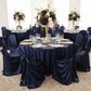 Universal Satin Self Tie Chair Cover - Navy Blue with navy blue tablecloth | gold charger plate | white dinner plate | wine goblets | white napkin