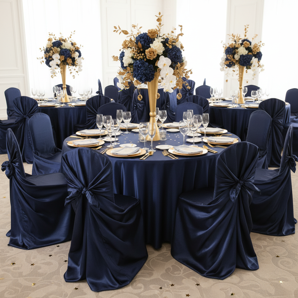 Universal Satin Self Tie Chair Cover - Navy Blue with navy blue tablecloth | gold charger plate | white dinner plate | wine goblets | white napkin