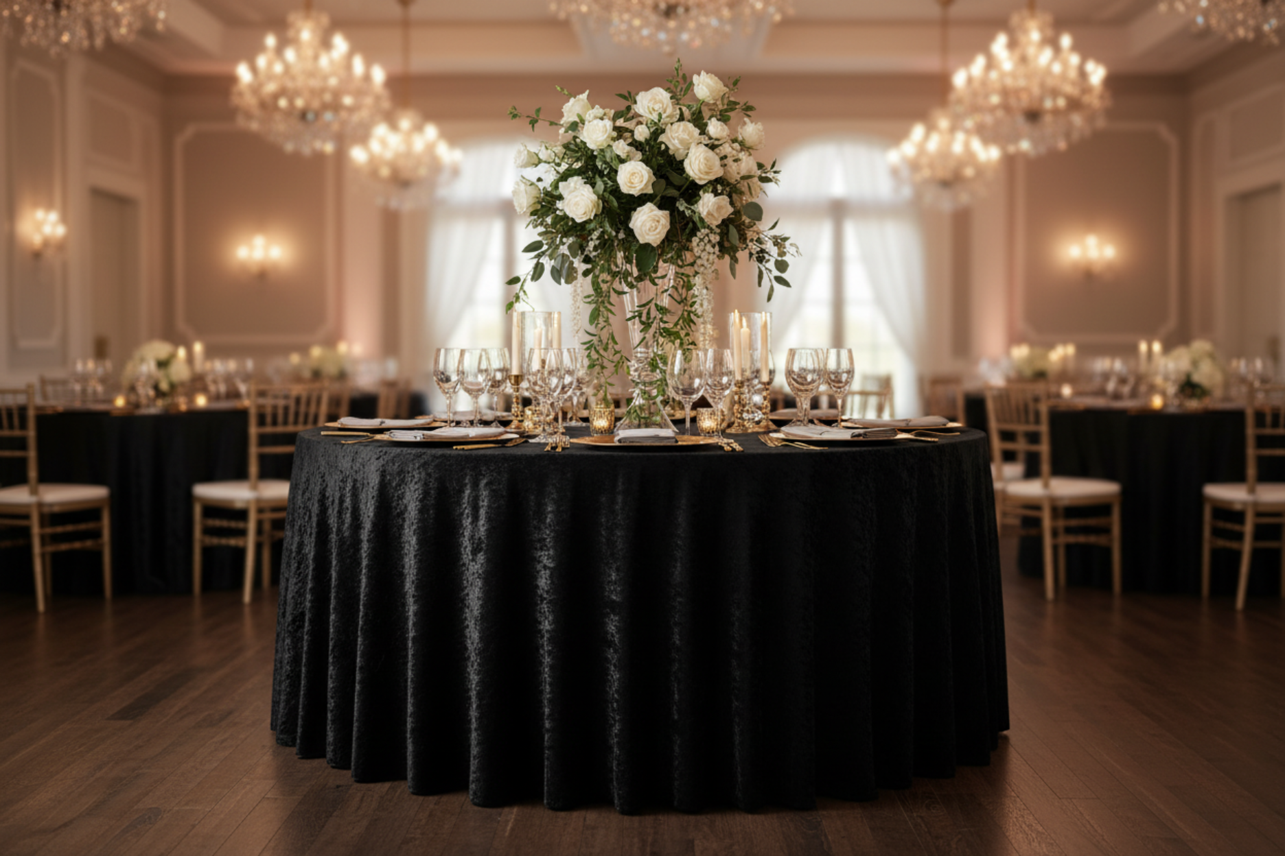 wedding reception with Velvet 108" Round Tablecloth - Black