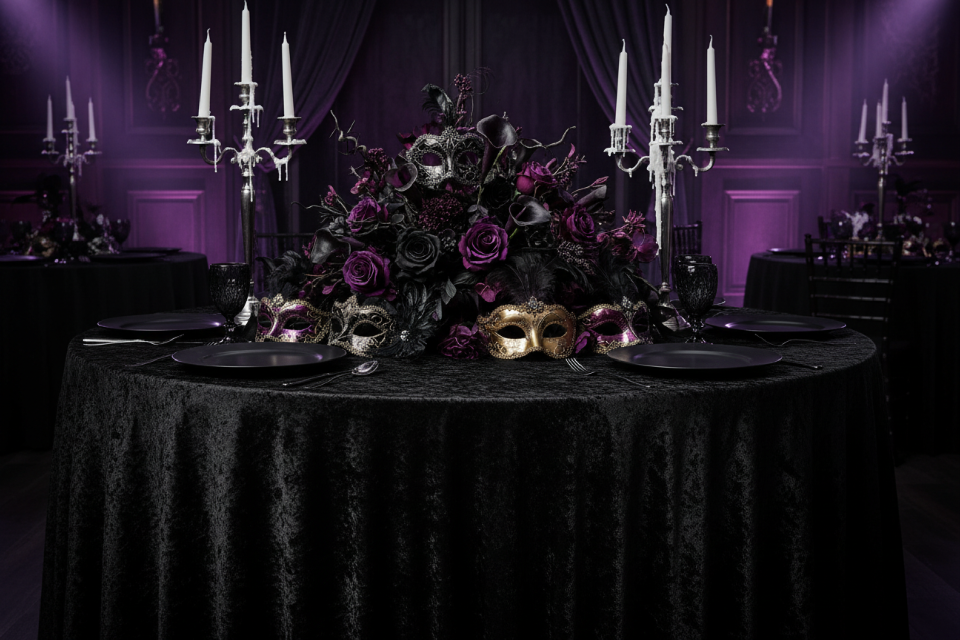 halloween masquerade setup with Velvet 108" Round Tablecloth - Black