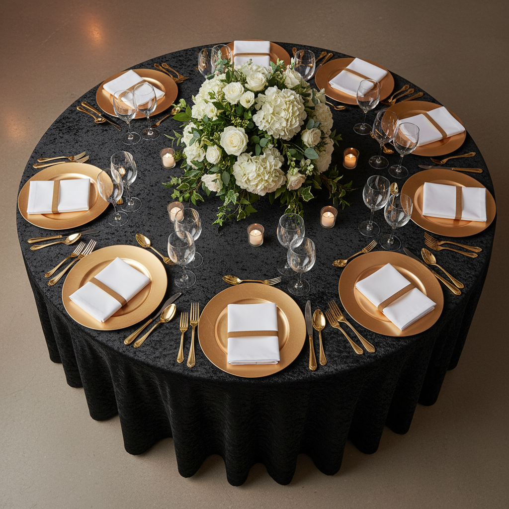 top view setup with Velvet 108" Round Tablecloth - Black